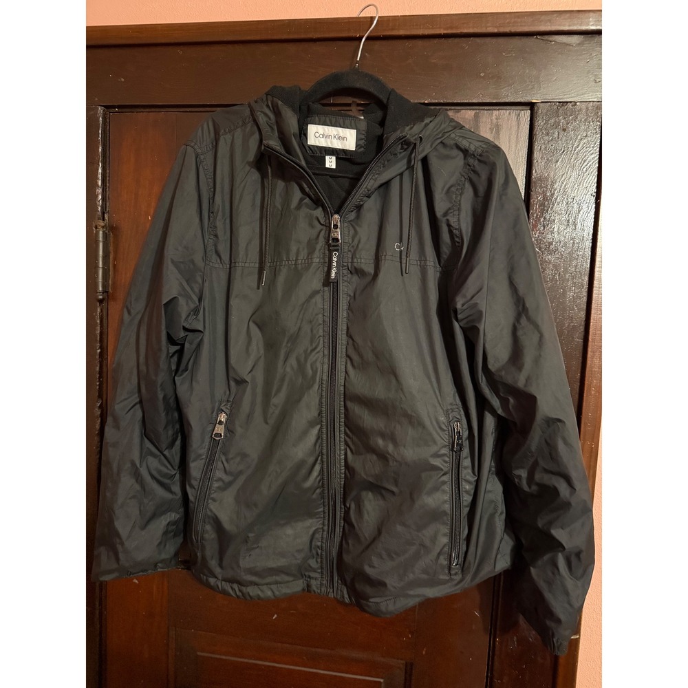 Calvin Klein Mens Black Hooded Windbreaker Fleece Lined Jacket Size M